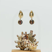A pair of Gold Cowrie Shell Posts on a white background with a shell at the bottom of the image. 