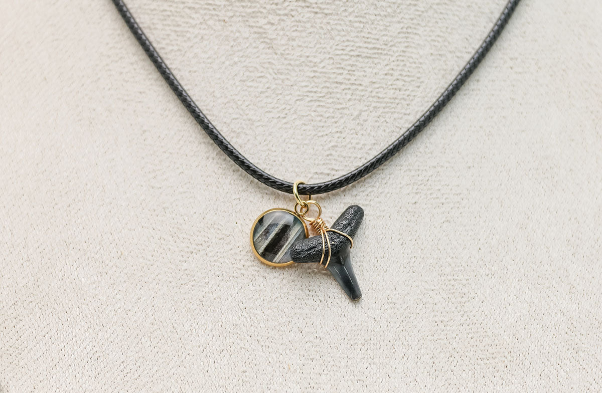 A Shark Tooth Necklace on a cream necklace display bust. 