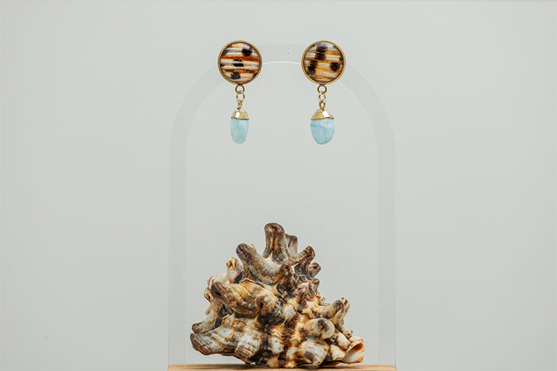 A pair of Larimar Teardrop Posts on a white background with a shell at the bottom of the image.