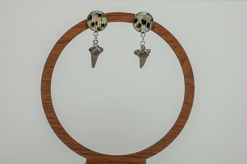 Silver Shark Tooth Silver Posts on a circular stand on a white background. 