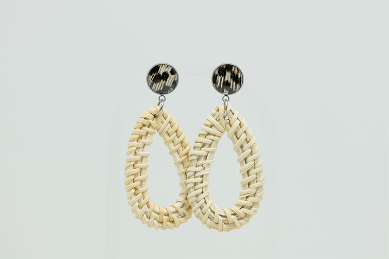 Boho Rattan Teardrop Earrings on a white background.
