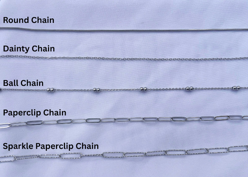 Chain options showing round, dainty, ball, paperclip and sparkle paperclip on a white background.