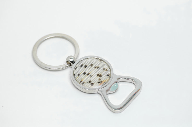 Silver Bottle Opener Keychain ring on a white background.