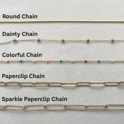 Chain options showing round, dainty, colorful, paperclip and sparkle paperclip on a cream background.