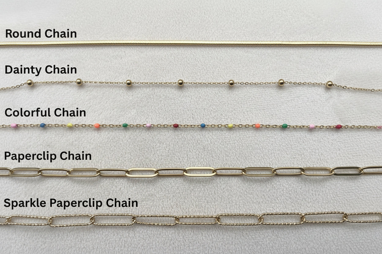 Chain options showing round, dainty, colorful, paperclip and sparkle paperclip on a cream background.