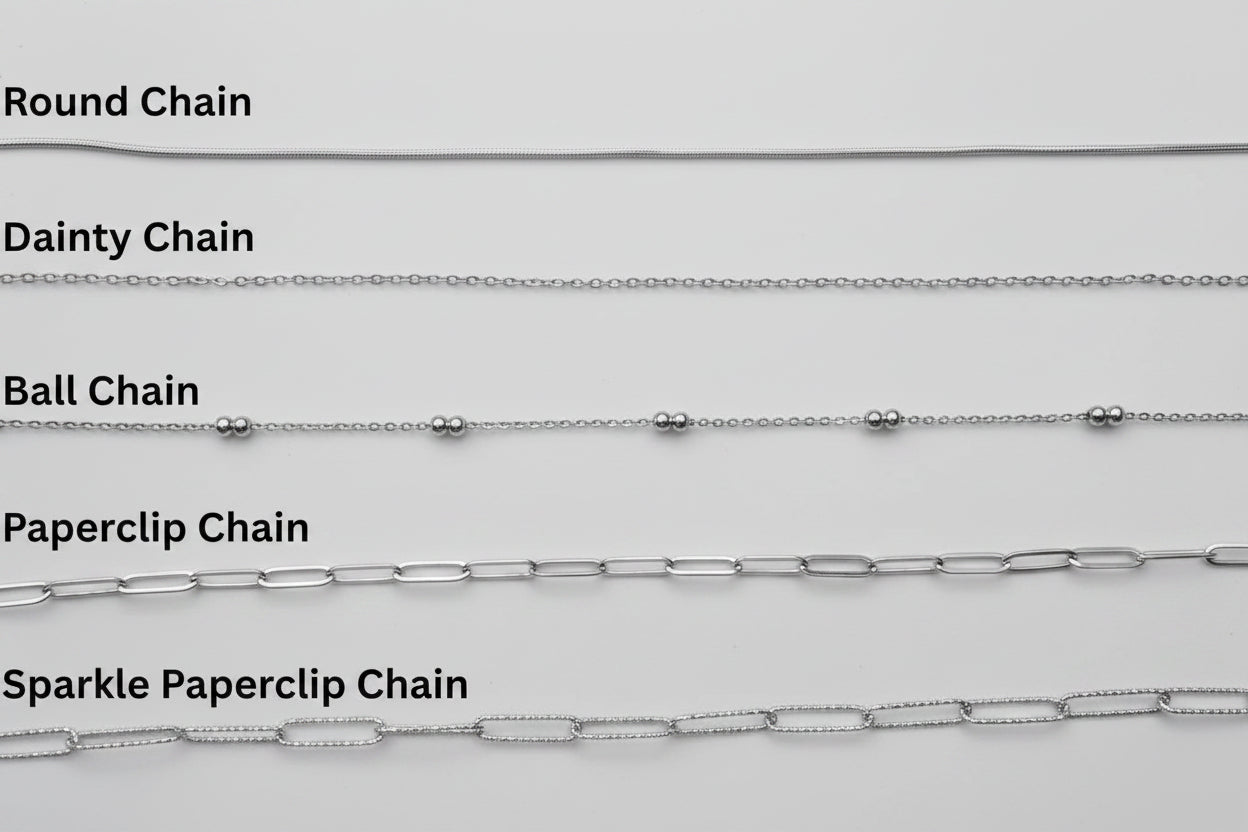 Chain options showing round, dainty, ball, paperclip and sparkle paperclip on a white background. 