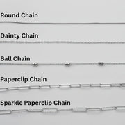 Chain options showing round, dainty, ball, paperclip and sparkle paperclip on a white background. 