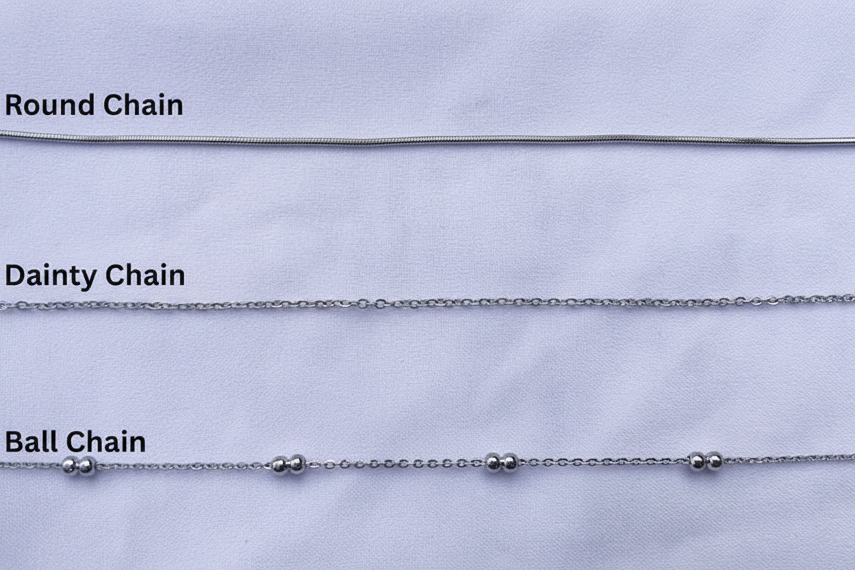 Chain options showing round, dainty, and ball on a white background.