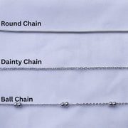 Chain options showing round, dainty, and ball on a white background.