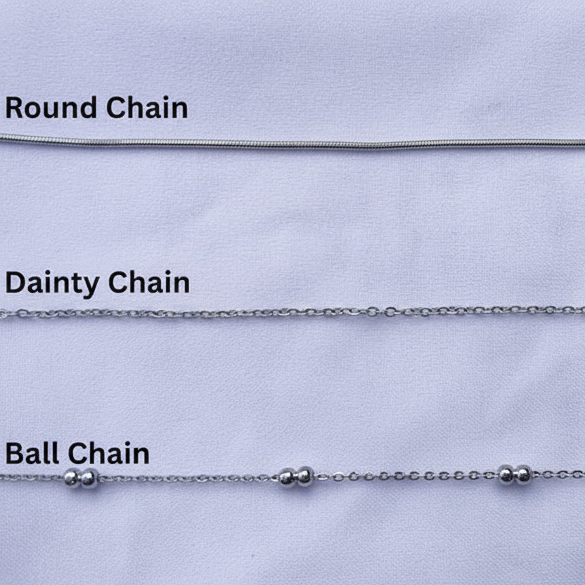 Chain options showing round, dainty, and ball on a white background.