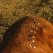 Horse with decorative elements on its coat in a field