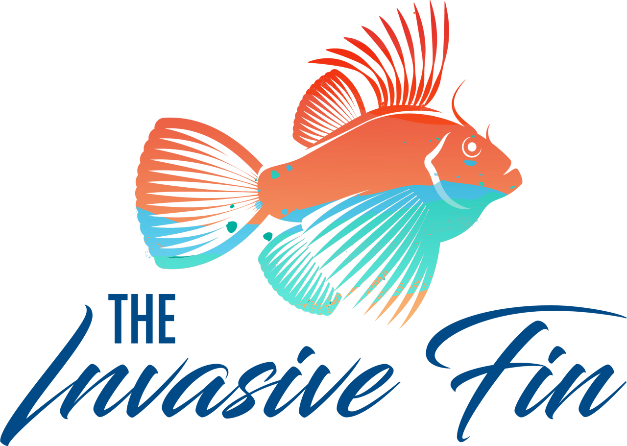 Logo of 'The Invasive Fin' with a colorful fish illustration on a white background.