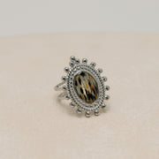 Silver ring with an oval lionfish fin on a beige surface