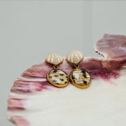 Faux Mini Scallop Earrings in a pink clam shell on a white background.  