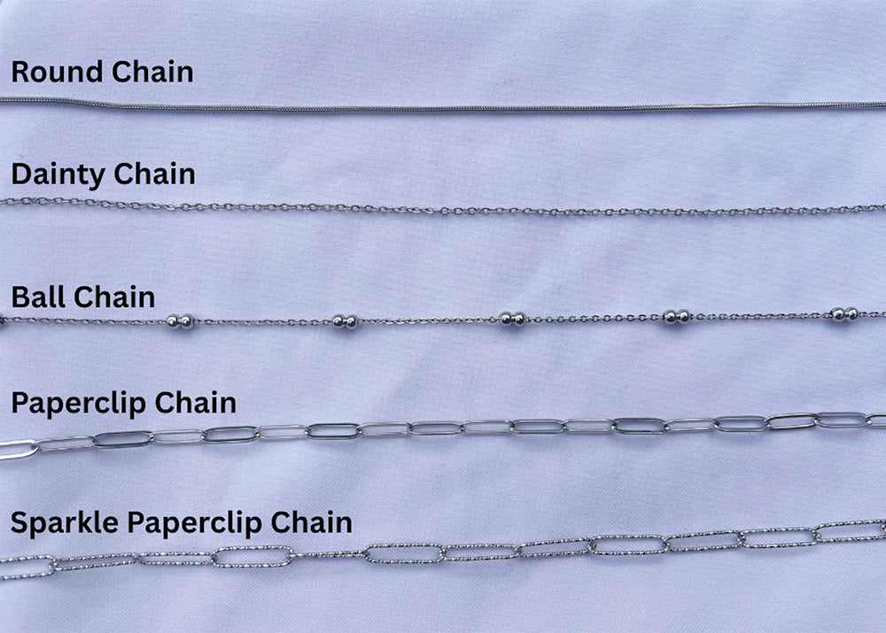 Chain options showing round, dainty, ball, paperclip and sparkle paperclip on a white background. 