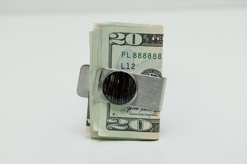 Silver Money Clip holding a $20 bill on a white background. 