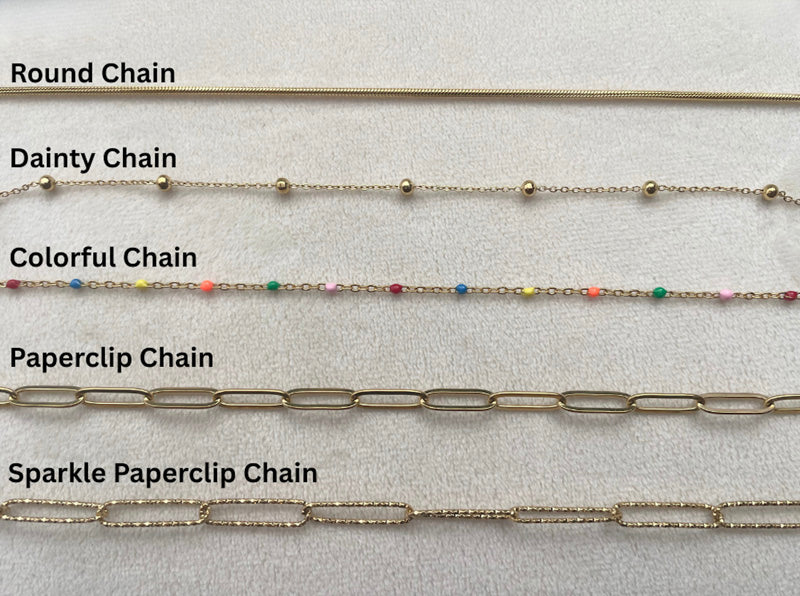 Image showing necklace chain options: round, dainty, colorful, paperclip, sparkle paperclip on a cream background. 