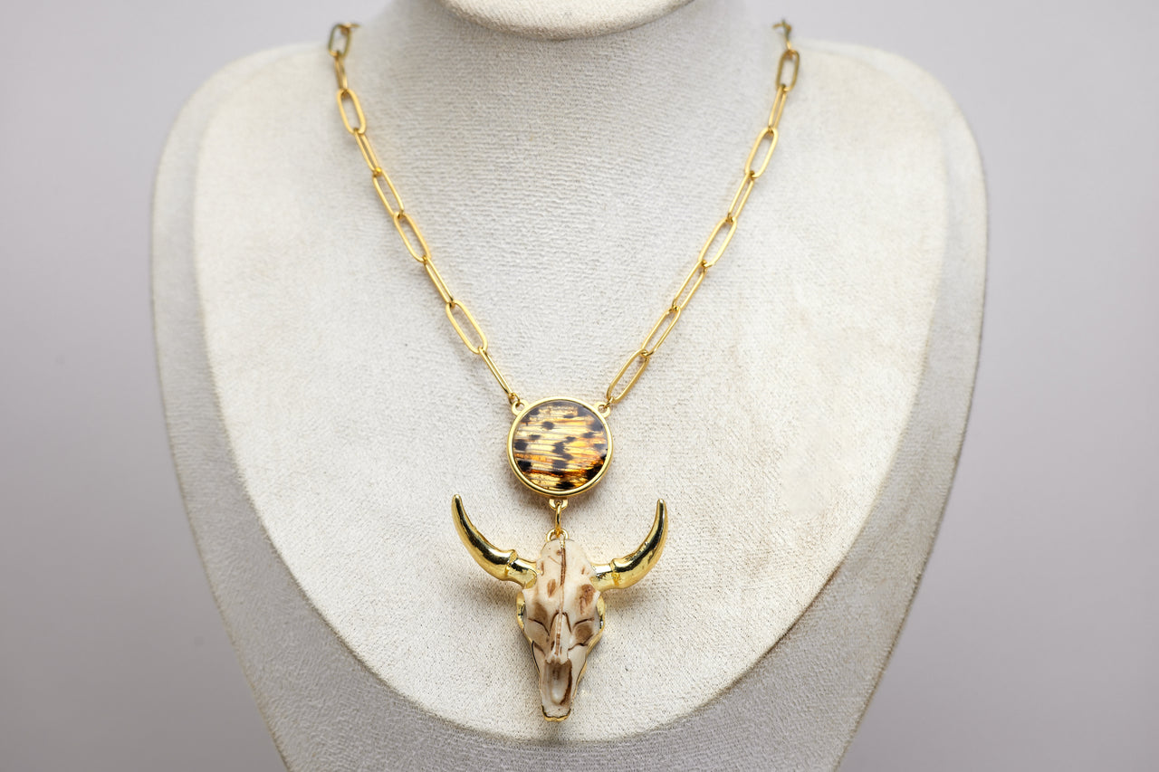 Ranch Royale necklace with lionfish fin and longhorn skull pendant, western ocean jewelry