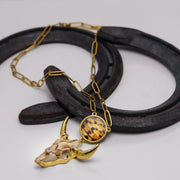 Close-up of lionfish fin pendant with longhorn cattle pendant on Rpaperclip necklace siplayed on two horseshoes